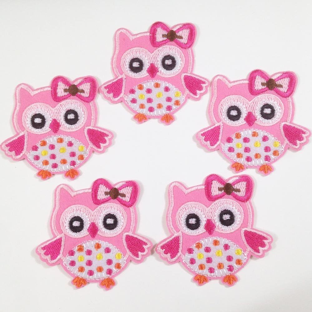 Set of 10 pcs Pink Owl Animal Iron On Sew On Cloth Embroidered Patches Appliques Machine Embroidery Needlecraft Sewing Projects DIY