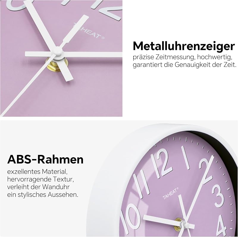 Lila Wanduhr, 20cm kleine geräuscharme batteriebetriebene, Moderne Uhren dekorative für Küche, Wohnzimmer, Schlafzimmer, Badezimmer, Büro — Foto 6 von 7
