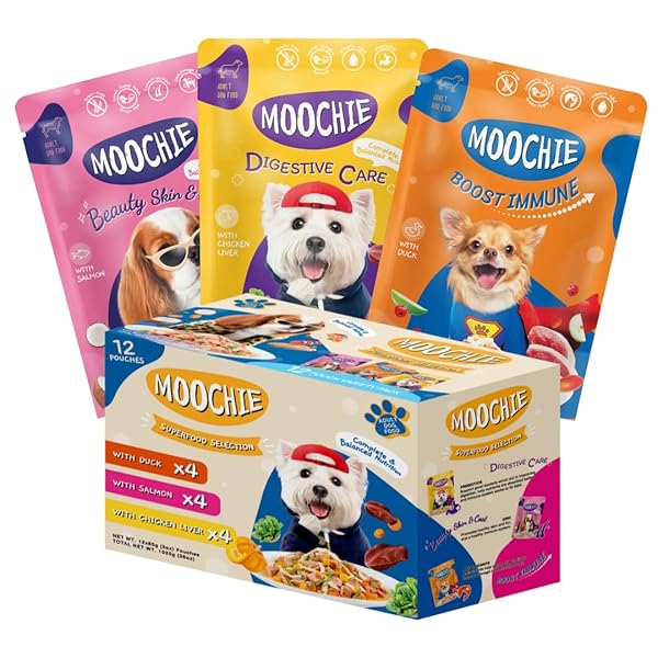 MOOCHIE SOFT WET DOG FOOD – SUPERFOOD SELECTION – DUCK, SALMON & CHICKEN LIVER FLAVORS – NO ARTIFICIAL FLAVORS OR PRESERVATIVE -12 X 2.5 OZ POUCH