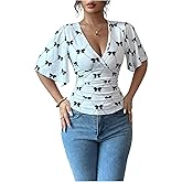 Milumia Women's Bow Knot Ruffle Short Sleeve Wrap Blouses V Neck Fitted Casual Shirts