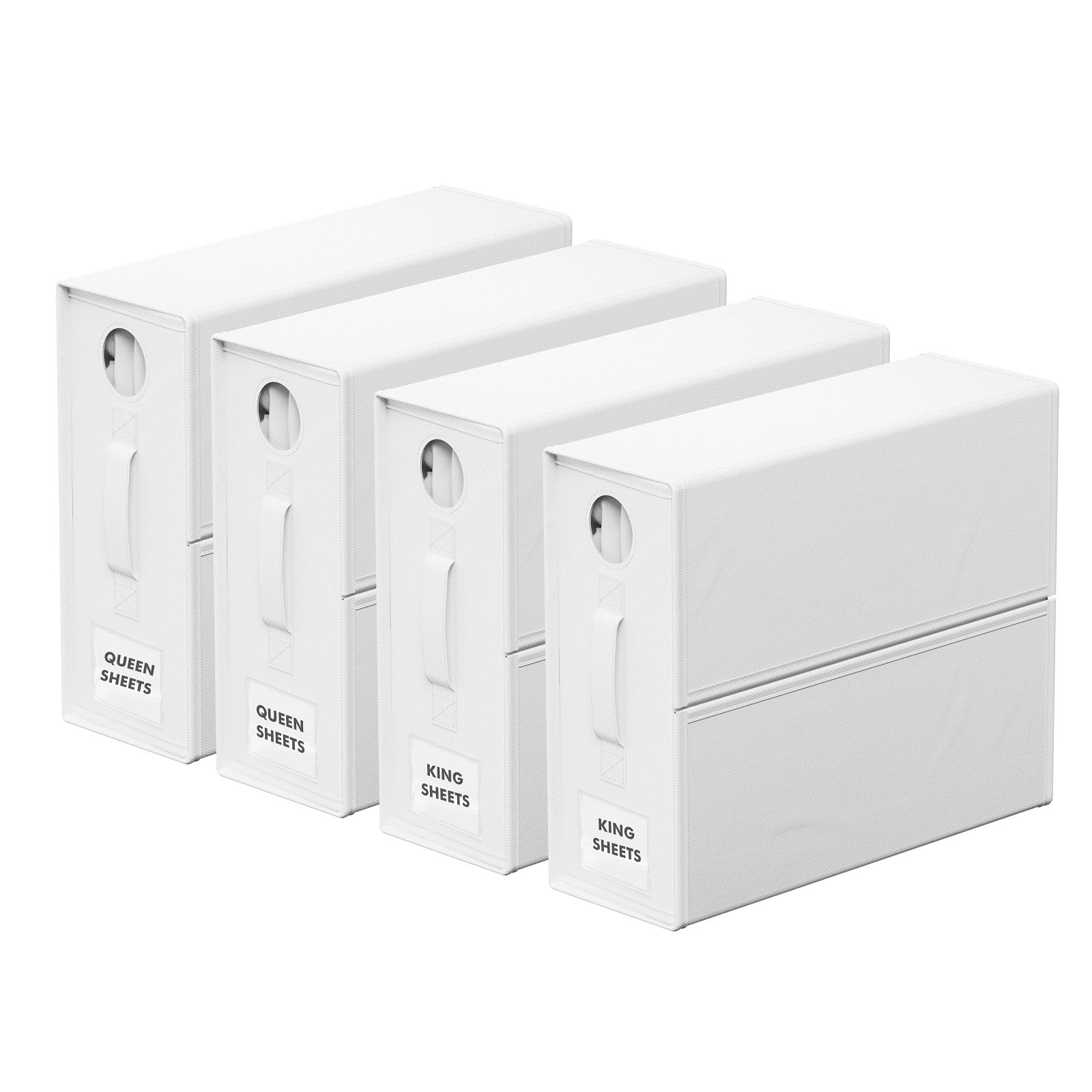 Photo 1 of 4-Pack Bed Sheet Organizer and Storage Box, Folding Container for Bedding Essentials, Stylish Linen Closet Organizer for Sheets, Duvet Covers, and Pillows (White, Circle Window Design)