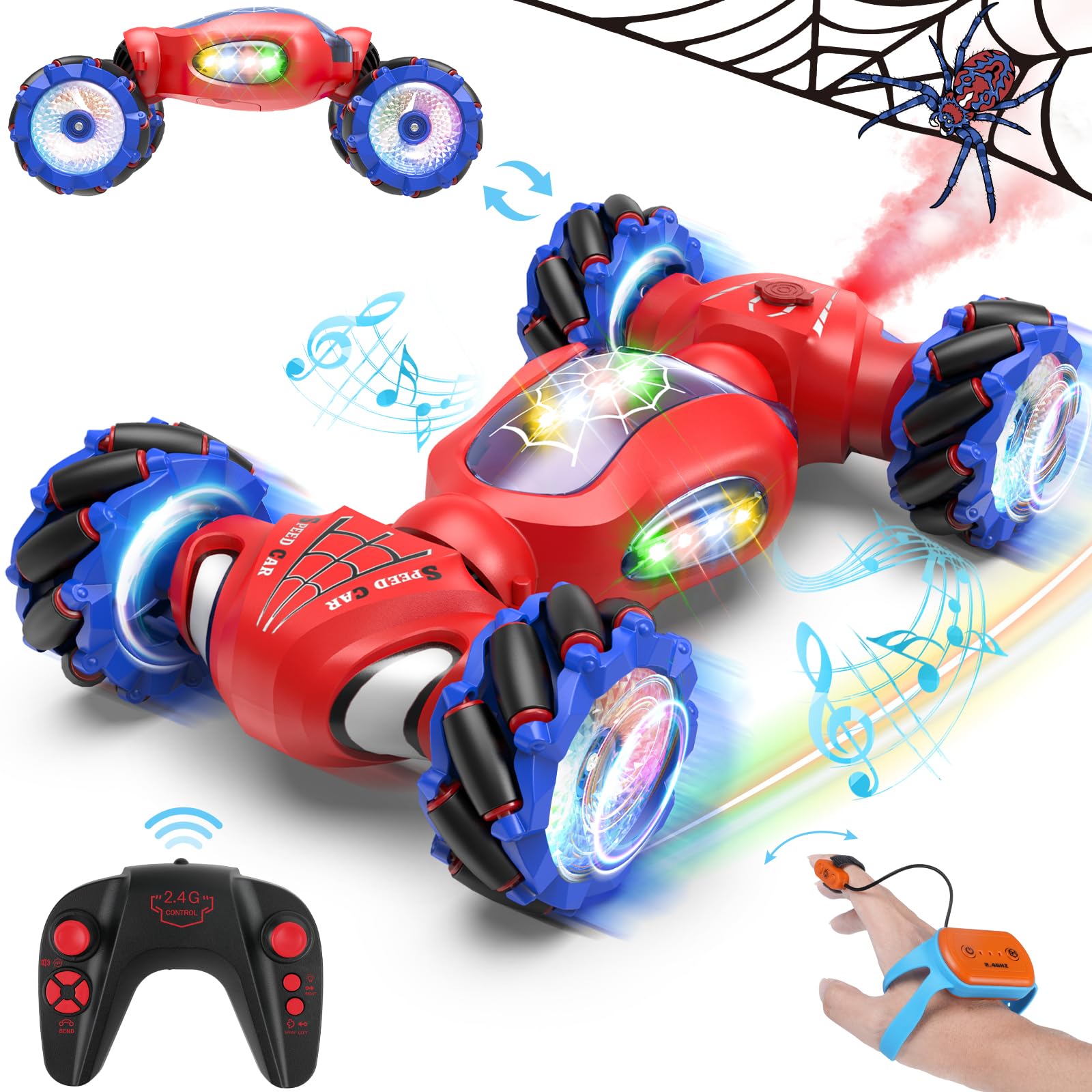 Photo 1 of Fosgoit Spider Remote Control Car Toys for 6-12 Boys Girls, Birthday Gifts for Kids, 2.4Ghz 4WD Gesture Sensing RC Stunt Car with Light & Music & Spray, Double-Sided 360° Rotating Hand Control