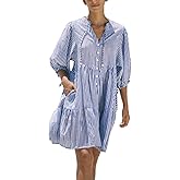chouyatou Women's Summer V-Neck Casual Striped Midi Shirt Dress Tiered Boho Beach Tunic Babydoll Dress