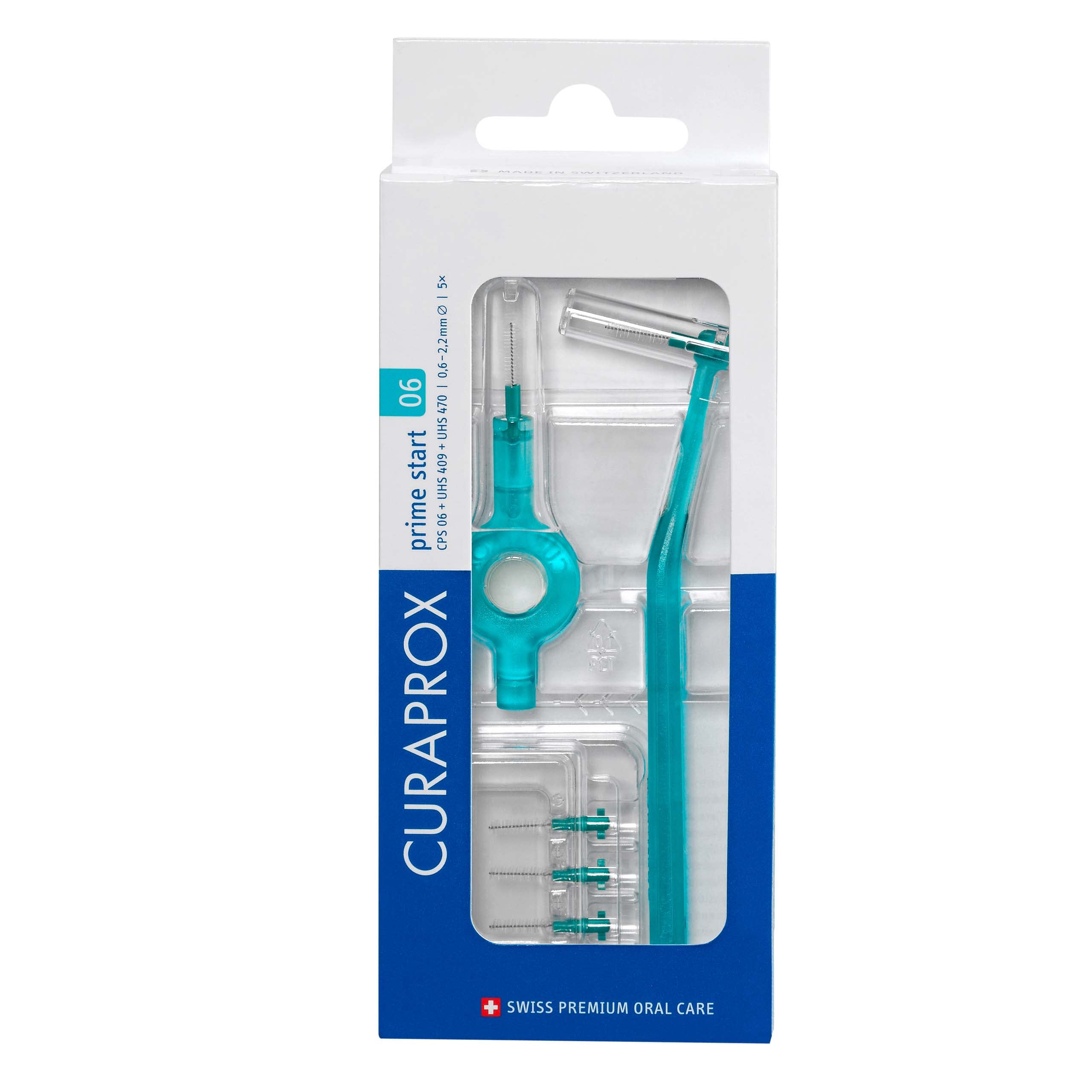 Curaprox CPS 06 Prime Start Interdental Brush Set | Starter Set with 5 Brushes | 2 Different Holders | Turquoise | 0.6 mm Diameter | 2.2 mm Effectiveness | Made in Switzerland
