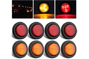 PARTSWCGG 8Pcs 2 Inch Round Led Trailer Marker Lights, 4 Amber + 4 Red 2 Inch Round LED Side Marker and Clearance Marker Lights 4 LED Sealed Flush Mount w/Grommets and 2 Prong Trailer Wire Pigtails Waterproof