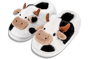soofylia Women Men Cow Slippers for Cotton Fuzzy House Slippers Memory Foam Slip-On Cute Fluffy Cow Slides Boys Girls Warm Plush Animal Print Slippers Faux Fur Lining for Winter