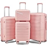 Campfun Luggage 4 Piece Sets, Expandable Carry On Luggage Set Hardshell PP, Suitcase Set with Double Spinner Wheels, Checked Durable Lightweight with TSA Lock, 14in 20in 24in 28in-Pink(C)