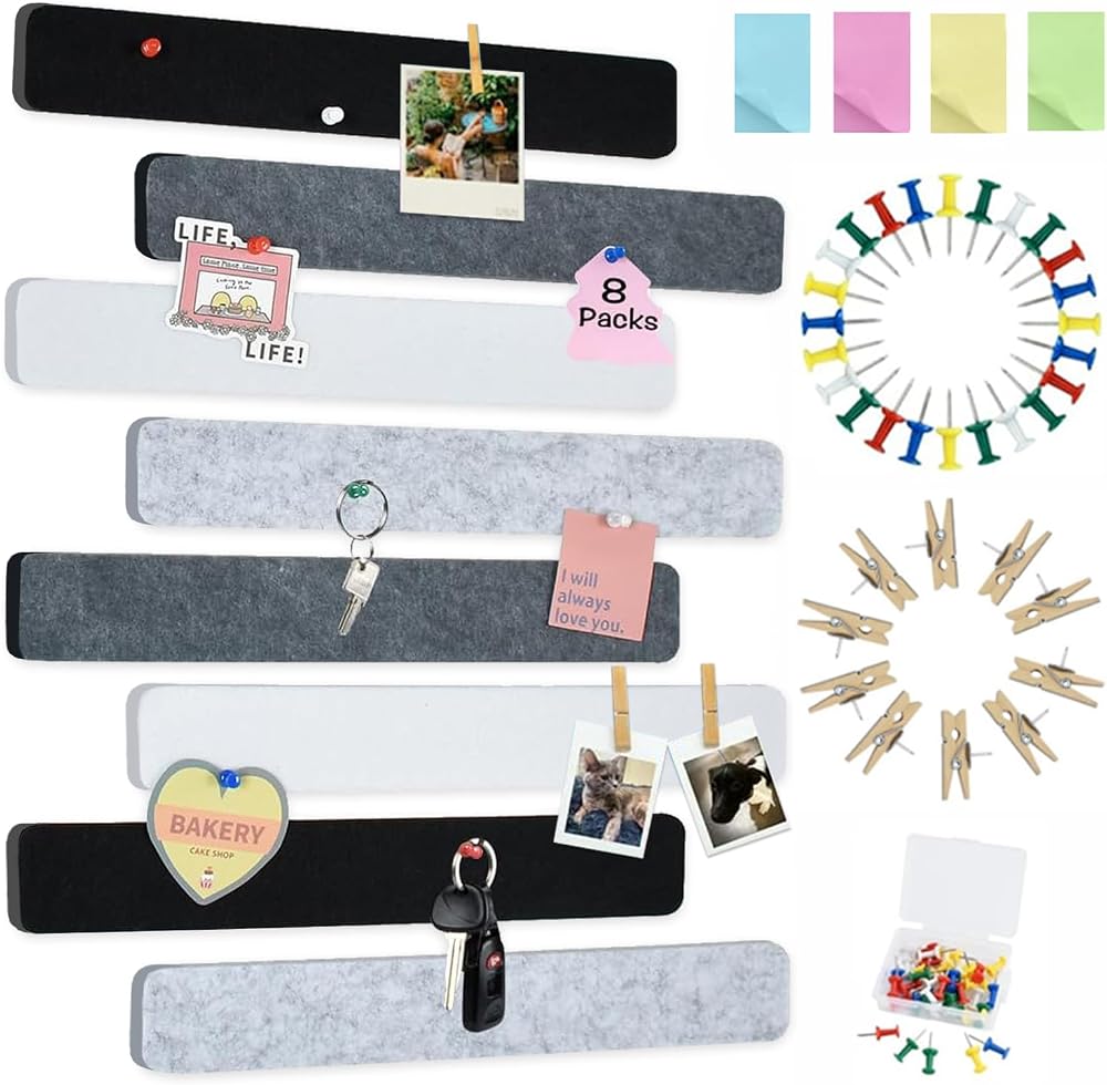 Vuzvuv 8Pk Cork Board Strips Black White Grey Pushpins Clips Self-Adhesive Felt