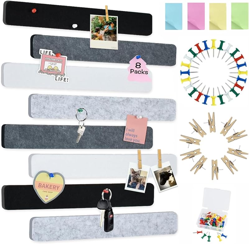 Vuzvuv 8Pk Cork Board Strips Black White Grey Pushpins Clips Self-Adhesive Felt