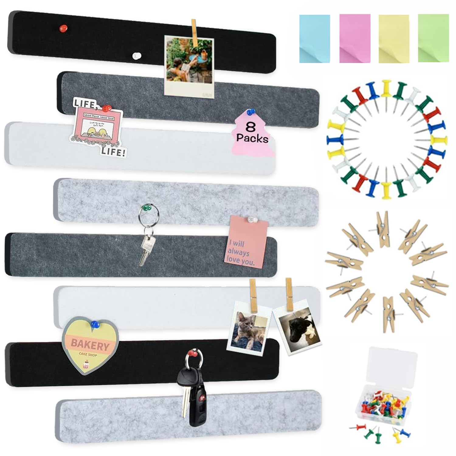 Photo 1 of Vuzvuv 8 pcs Bulletin Board Bar Strips with 50 Pushpins & 10 Wooden Clip pins?Self Adhesive Cork Board for Wall?Felt Pin Board for School?Office Decor?Black White Grey?