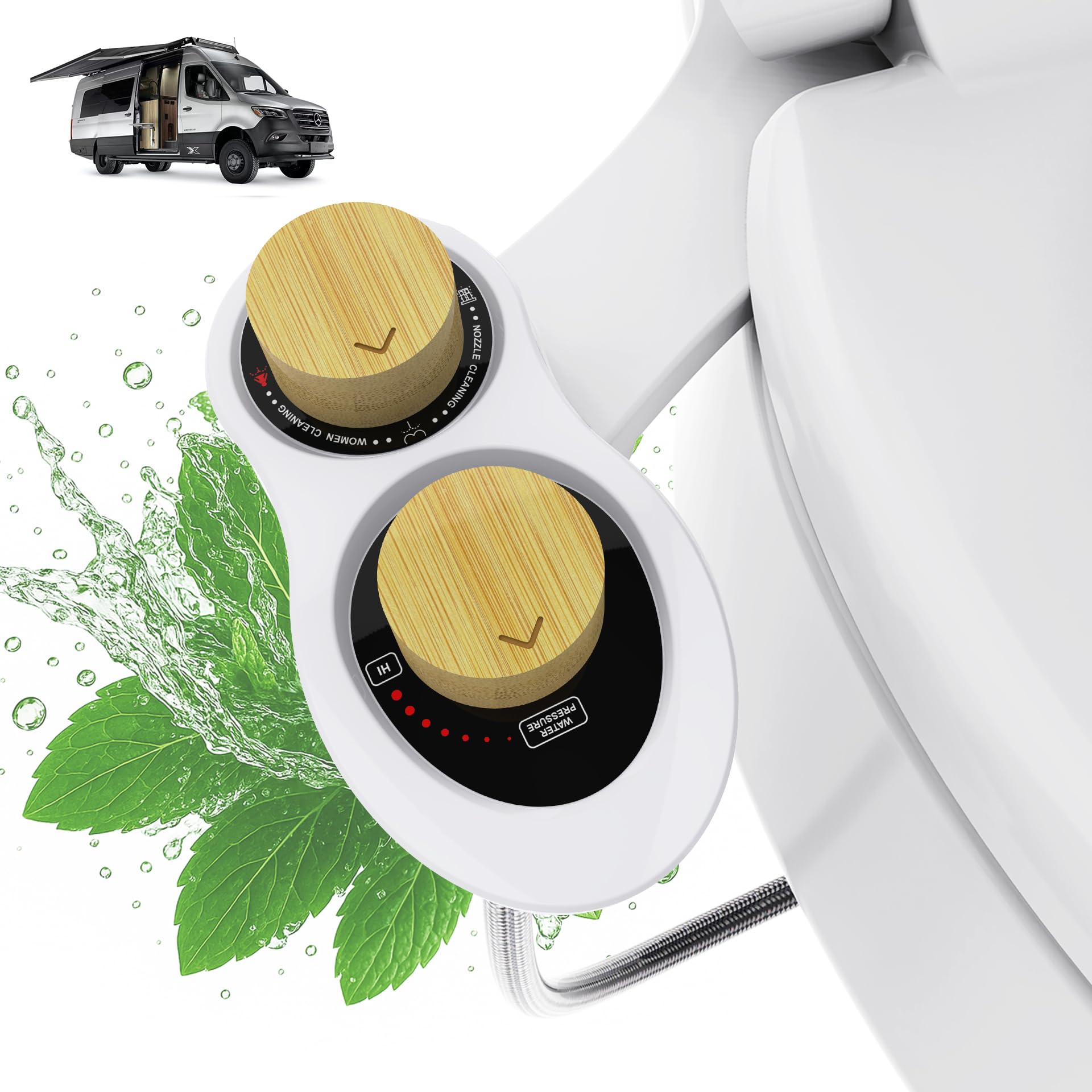 Photo 1 of RV Bidet for Camper Toilet with Dual Nozzles, Front/Rear/Self Cleaning, Non-Electric, Adjustable Pressure, RV Toilet Sprayer, Upgrade Trailer/Motor Home/RV/Camper Toilet (Bamboo Knob)