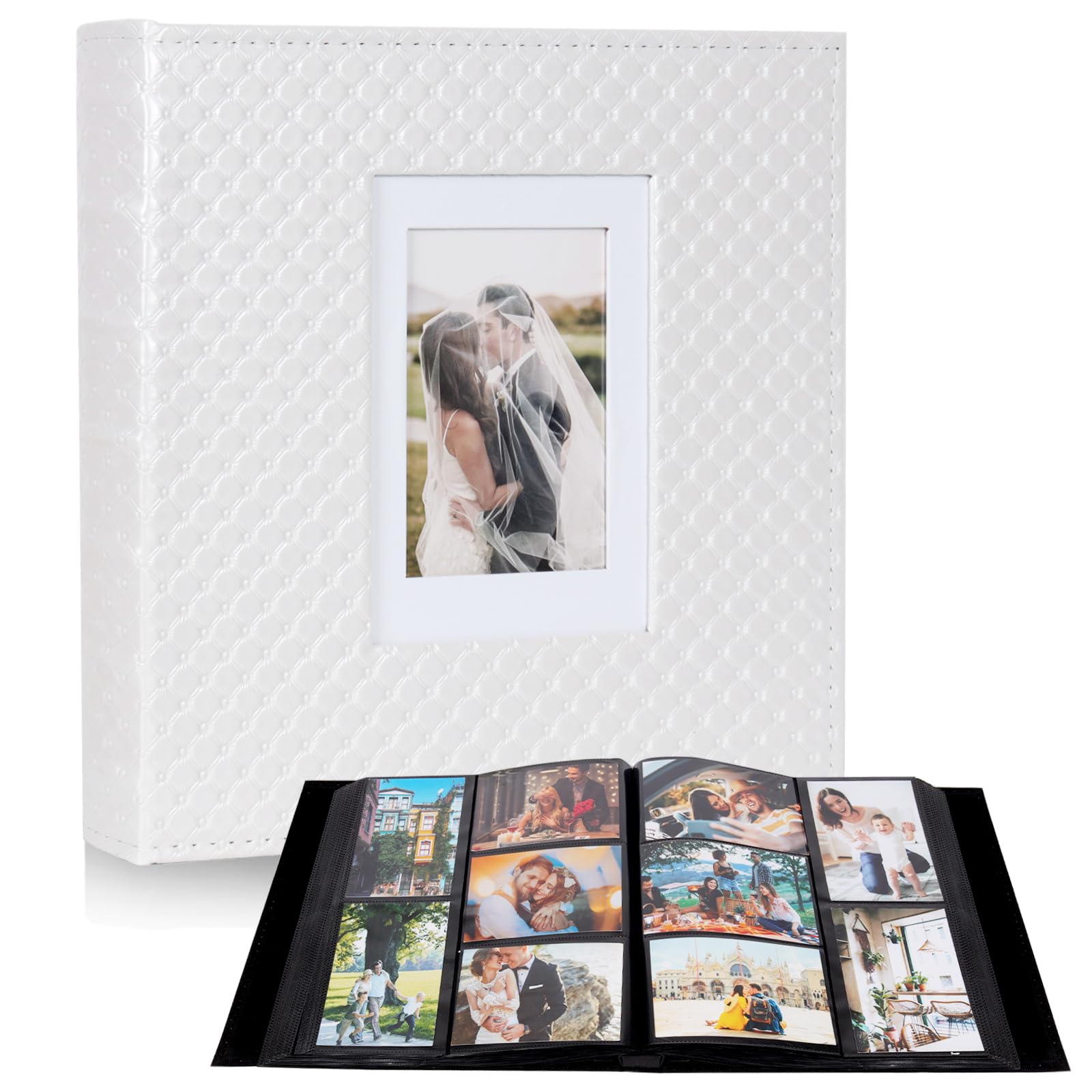 RECUTMS Photo Album 6x4 Holds 600 Photos Button Grain Larger Capacity Leather Cover Black Inner Page Wedding Baby Family Photo Book Wedding Anniversary Pictures Album Birthday Photo Albums (White)