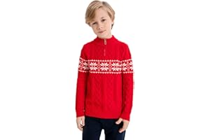 SMILING PINKER Boys Christmas Sweater Cable Knit Half Zip Mock Neck Snowflake Pullover