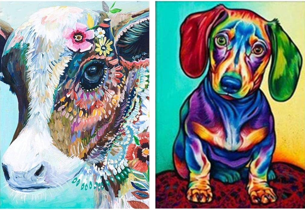 2 Sets 5D Full Drill Diamond Art Painting Dotz Kits for Adults Kids for Office Home Wall Decor Cow & Dog