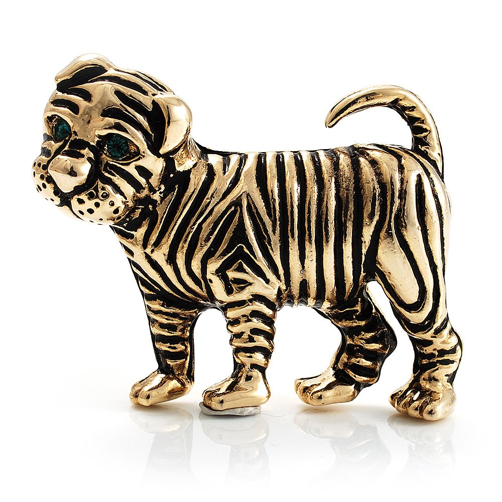 Vintage Bulldog Puppy With Green Eyes Brooch (Antique Gold Tone)