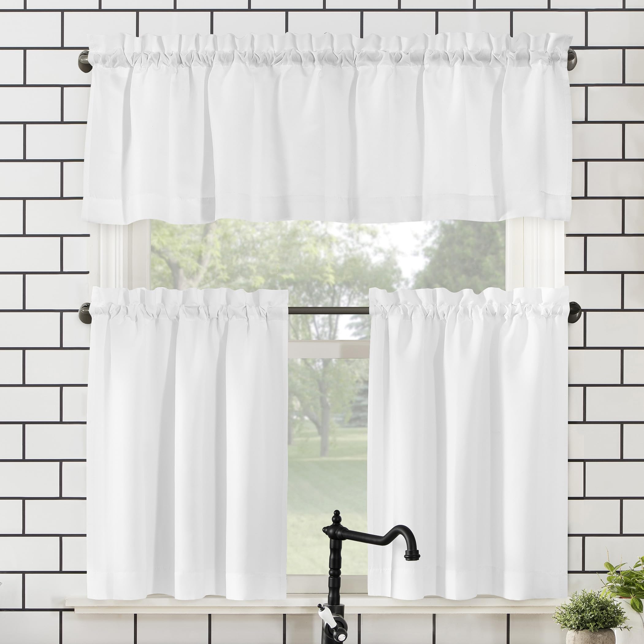 No. 918 Martine Microfiber Semi-Sheer Rod Pocket Kitchen Curtain Valance and Tiers Set, 54" x 45" 3-Piece, White