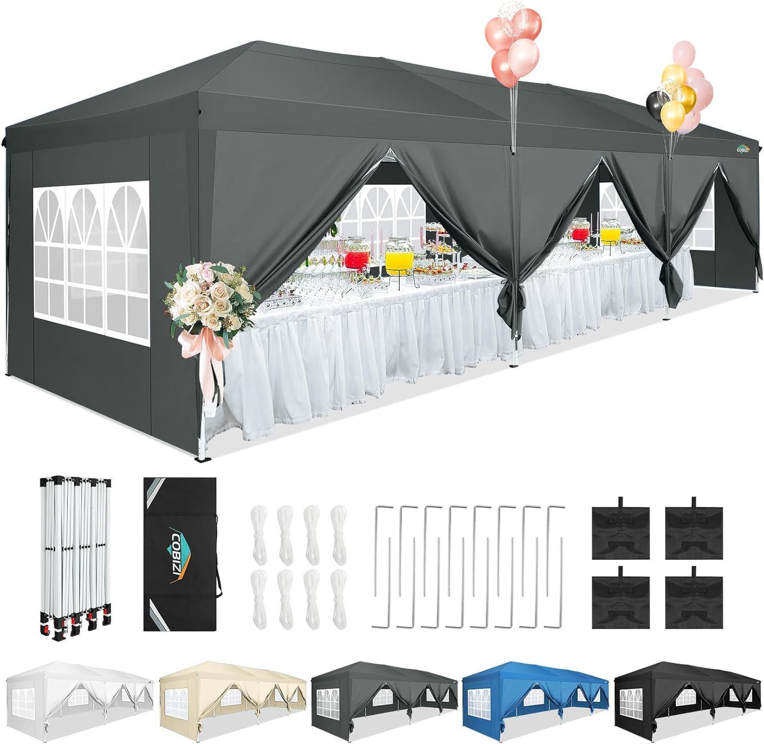 View 1 of ****Parts only MAJOR DAMAGE ****
COBIZI 10x30 Pop Up Canopy Tent with 8 Sidewalls Party Tents Waterproof UPF 50+ Commercial Instant Outdoor Events Tent for Parties Markets Backyard, Ropes, Sandbags?10 x 30 ft Gray