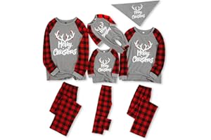 IFFEI Matching Family Pajamas Sets Christmas PJ's with Letter and Plaid Printed Long Sleeve Tee and Bottom Loungewear
