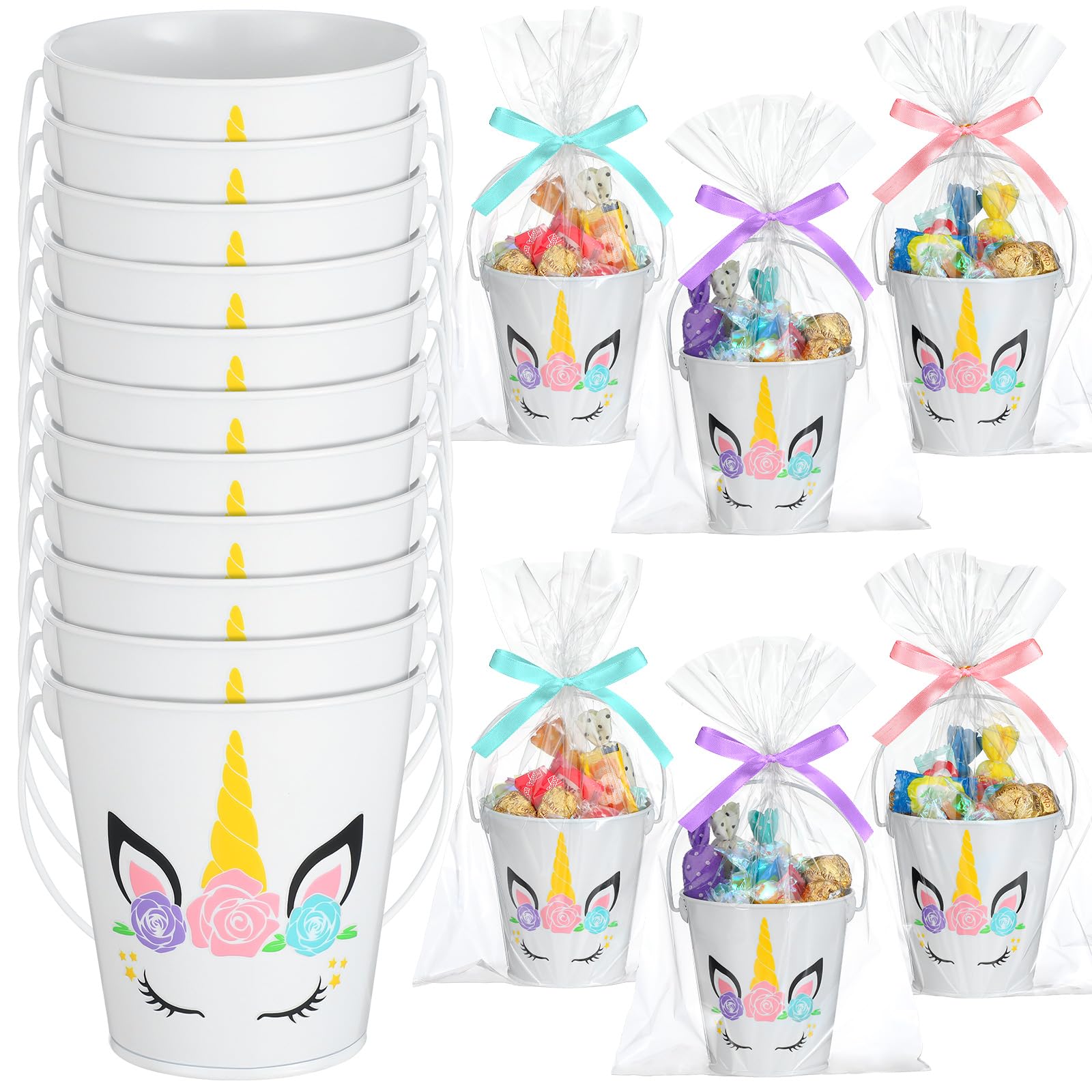 Photo 1 of Sliner 12 Sets Mini Metal Unicorn Party Favors Buckets with Handles 3.9 Inch Small Unicorn Candy Boxes Treat Goodies Gift Bags for Birthday Party Decorations Supplies
