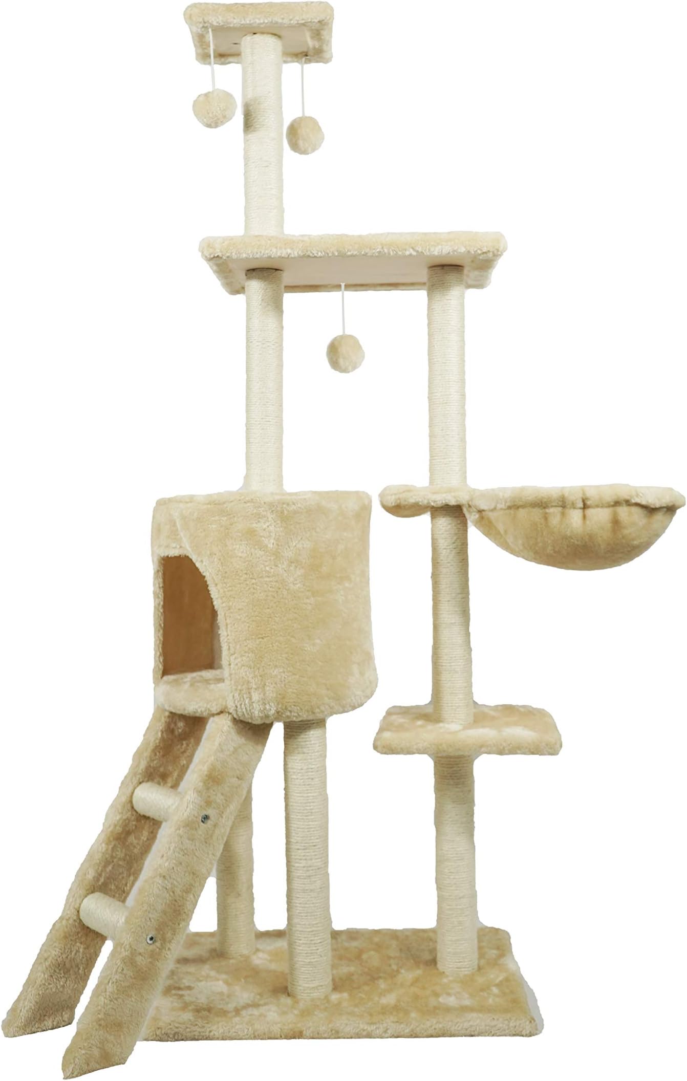 HAIBEIR Multi-Level Cat Trees Solid Wood Based Sisal-Covered Scratching Posts, Hammock and Condo Pet Play House Cat Tower Furniture with Climb Ladder for Kittens, Cats & Pets (Beige)