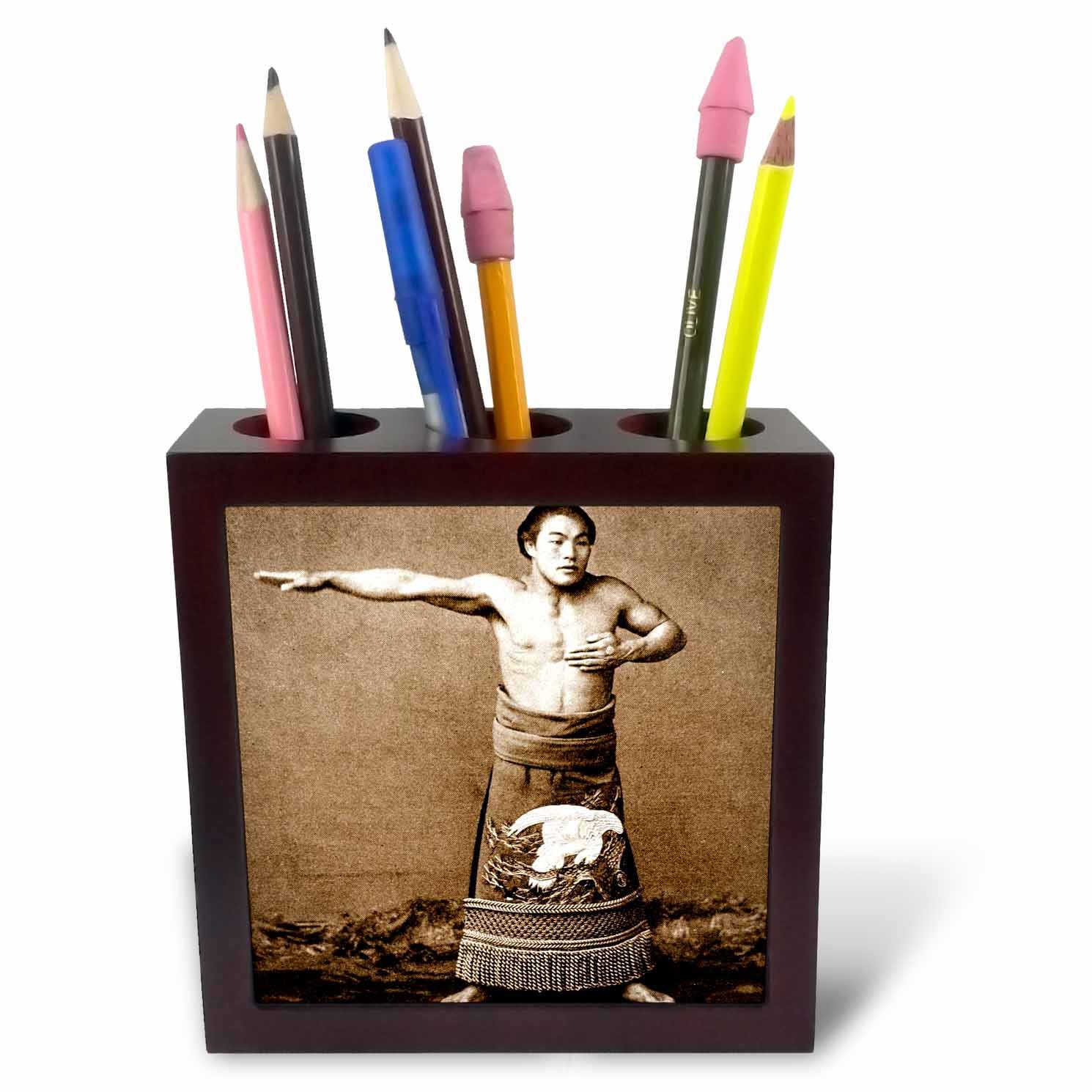 3dRose ph_246470_1 5-Inch "Vintage Champion Sumo Wrestler in Old Japan Sepia Toned" Tile Pen Holder