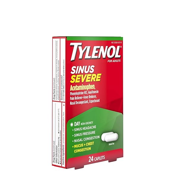 TYLENOL SINUS SEVERE DAYTIME CAPLETS WITH ACETAMINOPHEN 325MG, GUAIFENESIN 200MG & PHENYLEPHRINE HCL 5MG, NON-DROWSY PAIN RELIEVER, EXPECTORANT & NASAL DECONGESTANT, 24 CT