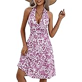 HUHOT Women's Summer Sundress Sleeveless Halter Neck Spring 2025 Floral with Pocket Elastic Waist Ruffle Mini Dresses