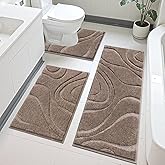 HEBE Bathroom Rug Sets 3 Piece, Non Slip Shower Mats with U-Shaped Contour Toilet Mat, Absorbent Microfiber Bath Mats for Bath Rugs, Washable Shaggy Floor Carpet, Coffee