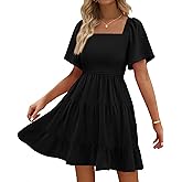BTFBM Womens Summer Smocked Mini Dress Spring Square Neck Flutter Sleeve Casual Ruffle Swing Boho Beach Dresses Pockets