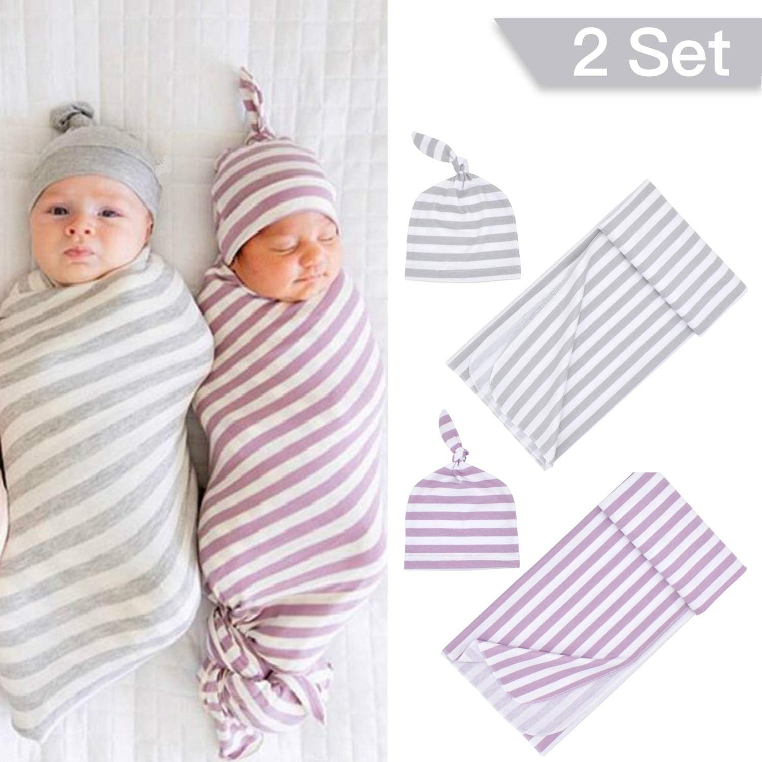2 Set Newborn Blanket with Cap Stripe Baby Cotton Swaddle Blankets with Hat Cute Wrap Blankets Sleeping Bag Gifts Photography for Boys Girls Unisex, Gray, Purple