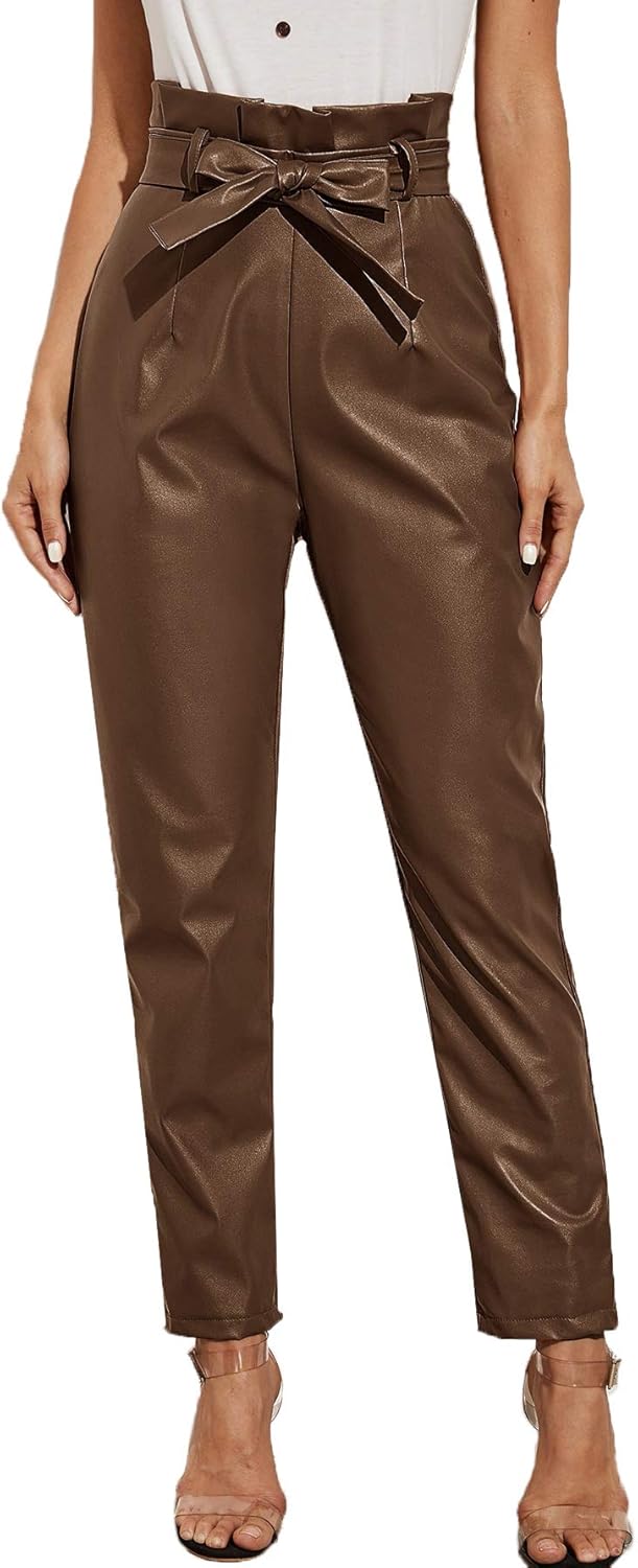 Milumia Women Glamorous Paperbag Hight Waist Trousers Zipper PU Leather