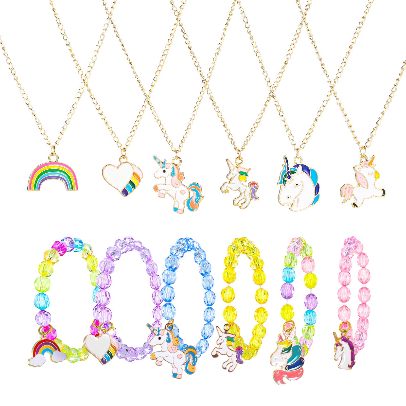 Pinenuts 12 Pcs Kids Jewellery Sets for Girls, Unicorn Bracelet and Necklace, Colorful Friendship Bracelets Rainbow Beaded Bracelet Necklace for Kids Girls Birthday Party Favors(Crystal style)