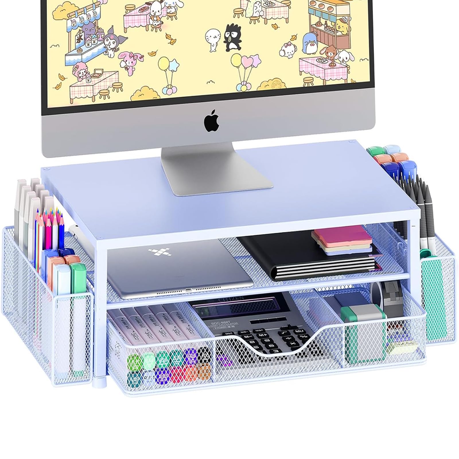Photo 1 of OPNICE Desk Organizers and Accessories, 2-Tier Computer Monitor Stand Riser with Drawer and 2 Pen Holders, Laptop Stand, Office Desk Accessories for Office Supplies, Blue