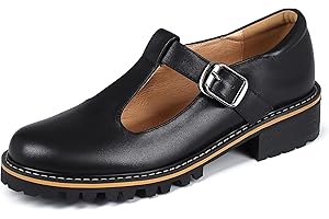 Sailimy Women's Leather Oxford Mary Janes Shoes Flats Chunky Low Heels Platform Sewing Retro Classics Round Toe Ankle Strap