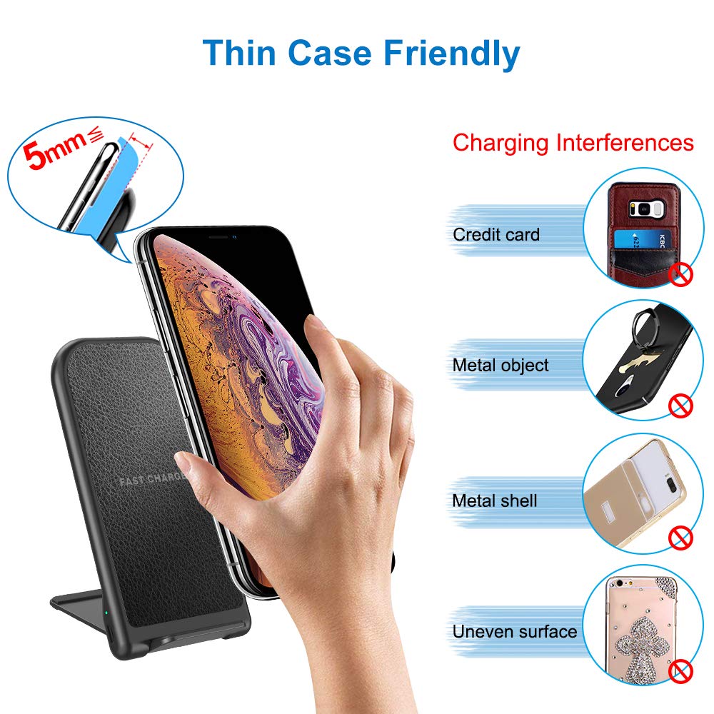 Wireless Charger, Jabuer 7.5W Qi-Certified Fast Wireless Charger Stand for iPhone Xs/Xs Max/XR/X/8/8+, 10W Leather Charging Pad for Galaxy Note 9/S9/S9+, 6W for All Qi-Enabled Phones (with AC Adapter)
