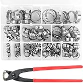 304 Stainless Steel Single Ear Hose Clamps - BeiLan 115Pcs 6-28.6mm Stepless Hose Clamps with Ear Clamp Pincer Cinch Rings Cr