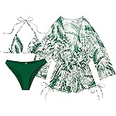 Yuiseaik 3 Piece Swimsuits for Women Tropical Leaf Print Mesh Cover Up Bathing Suit Built in Bra Swimwear for Beach XS-XXL