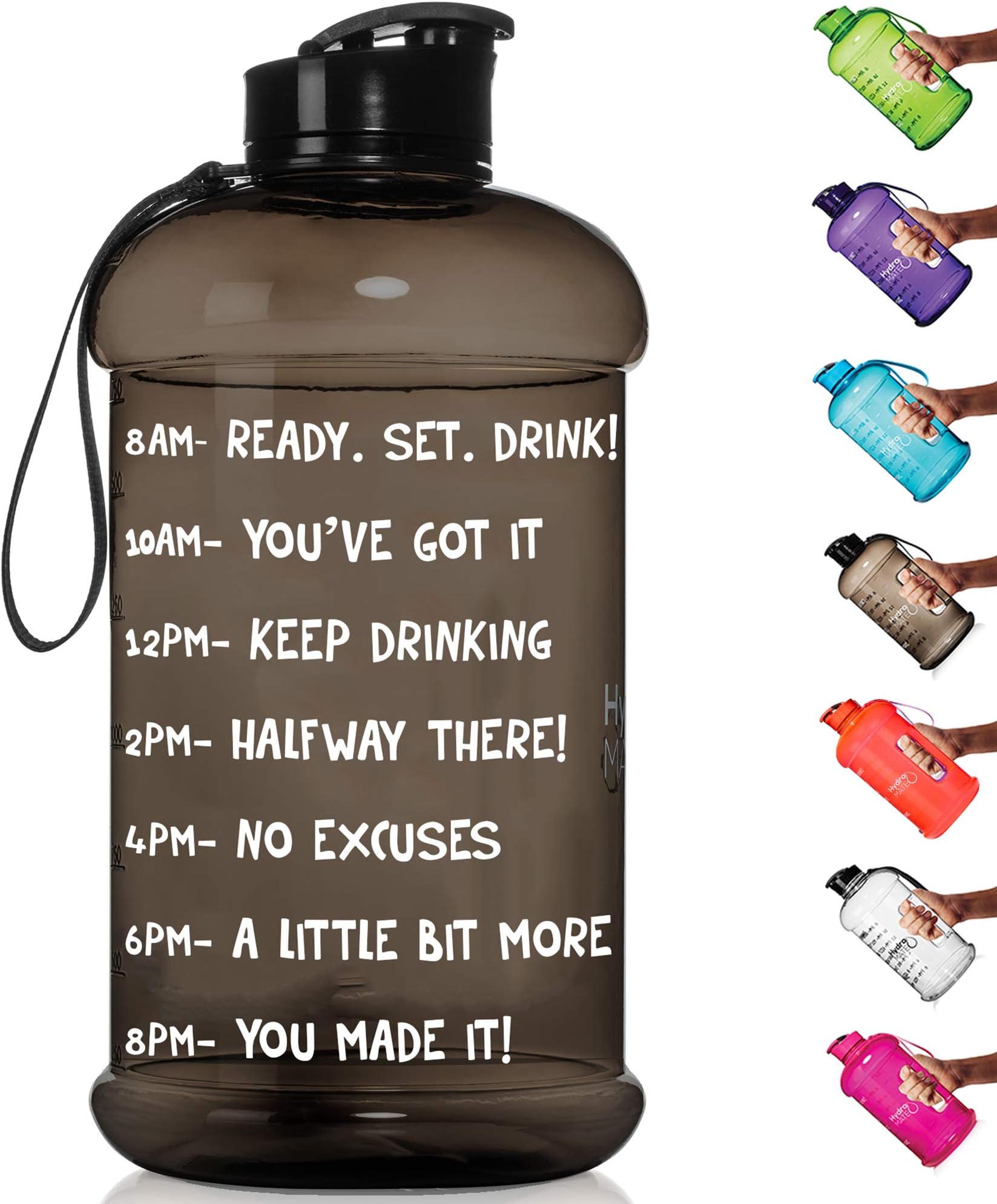 HydroMATE Half Gallon Motivational Water Bottle with Time Marker Large BPA Free Jug with Handle Reusable Leak Proof Bottle Time Marked to Drink More Water Daily