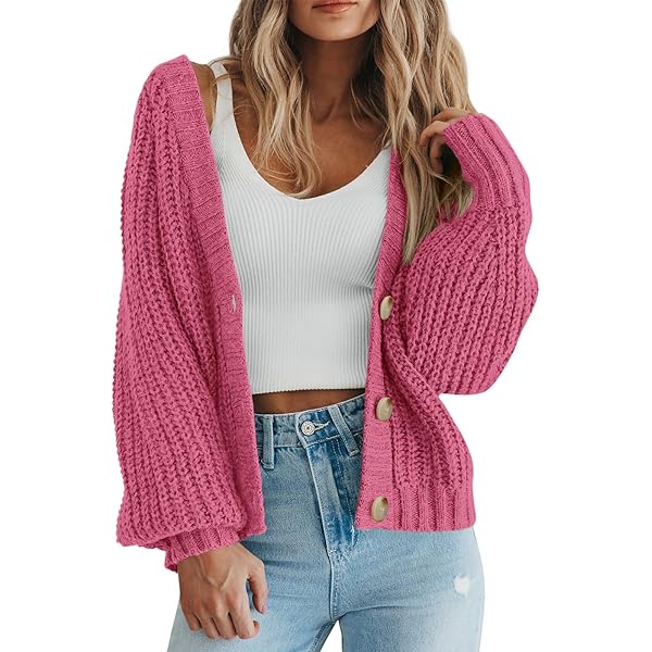 Womens Chunky Knitted Balloon Sleeve Short Cardigan Open