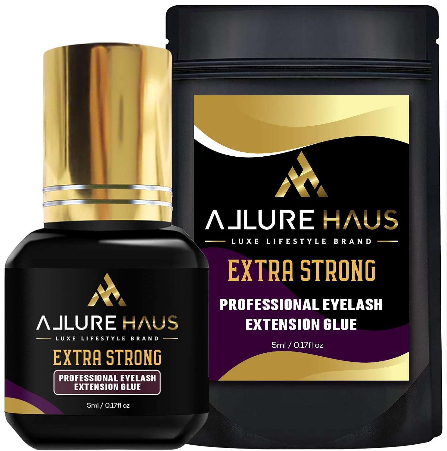 EXTRA STRONG Eyelash Extension Glue by Allure Haus 5ml - 1 Sec Drying - 6-8 Week Retention - Maximum Volume & Bonding Power - Deep Black - Lash Extension Supplies