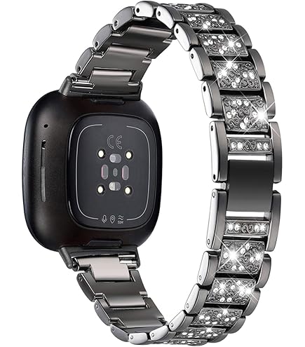 Correa Compatible Con Fitbit Sense Versa 3 Bling Accesorios De Repuesto Bandas Con Diamantes De Imitación De Metal Dressy Pulsera De Joyería Para Versa 3/Sense Mujer (negro