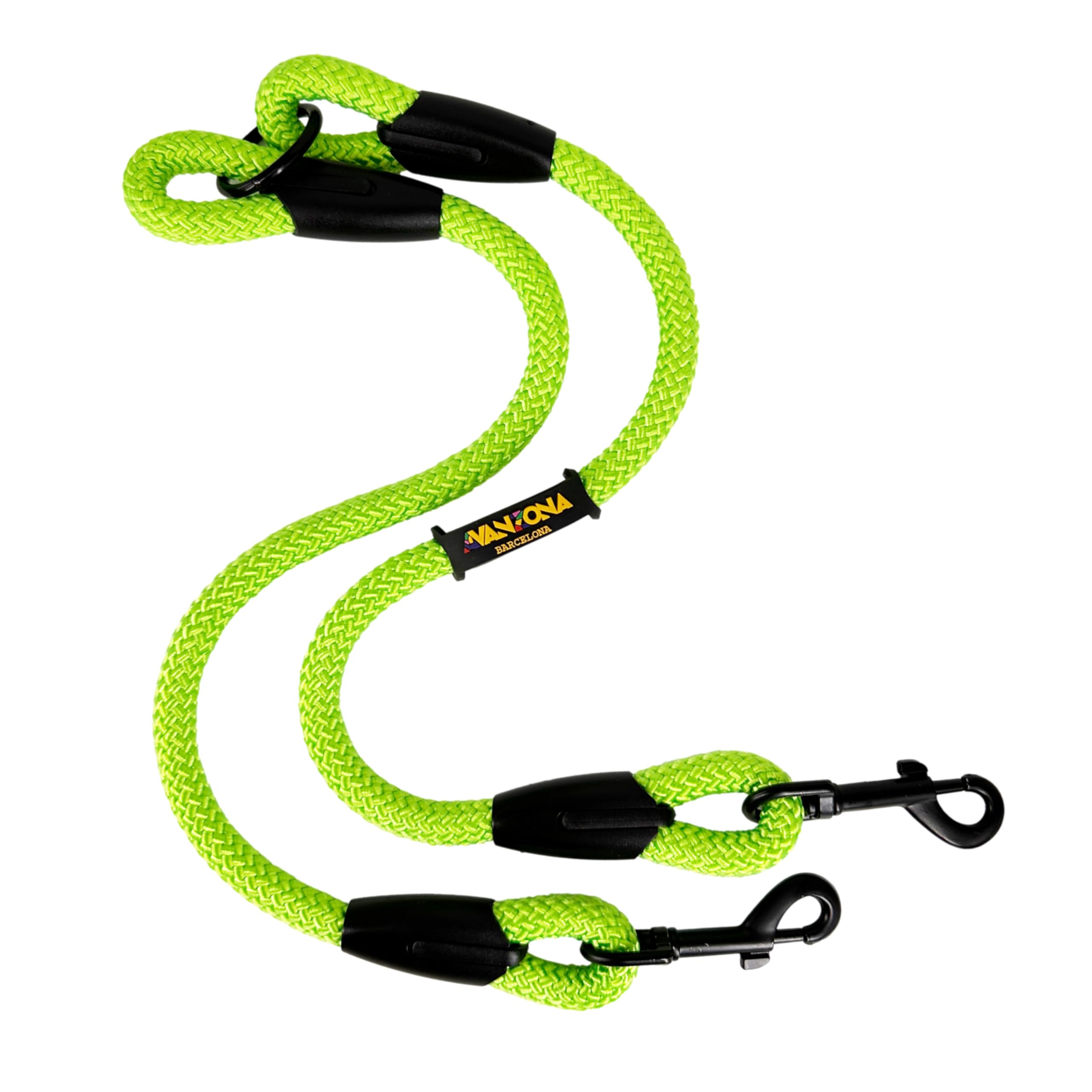 Dog Lead, Double Hooks for 2 Dogs, Made in Spain, for Small Medium and Large Dogs. Green Fluor