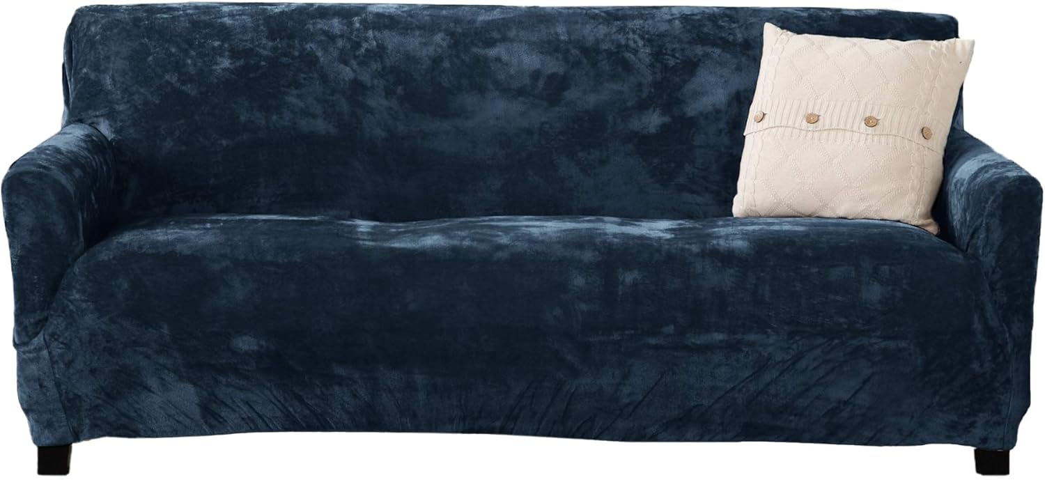 Slipcovers - Great Bay Home Velvet Plush Stretch Sofa Slipcover. Velvet Sofa Couch Furniture Protector, Soft Anti-Slip, High Stretch for 3 Seat Sofa. (Sofa XL- 3 Seater, Dark Denim Blue)