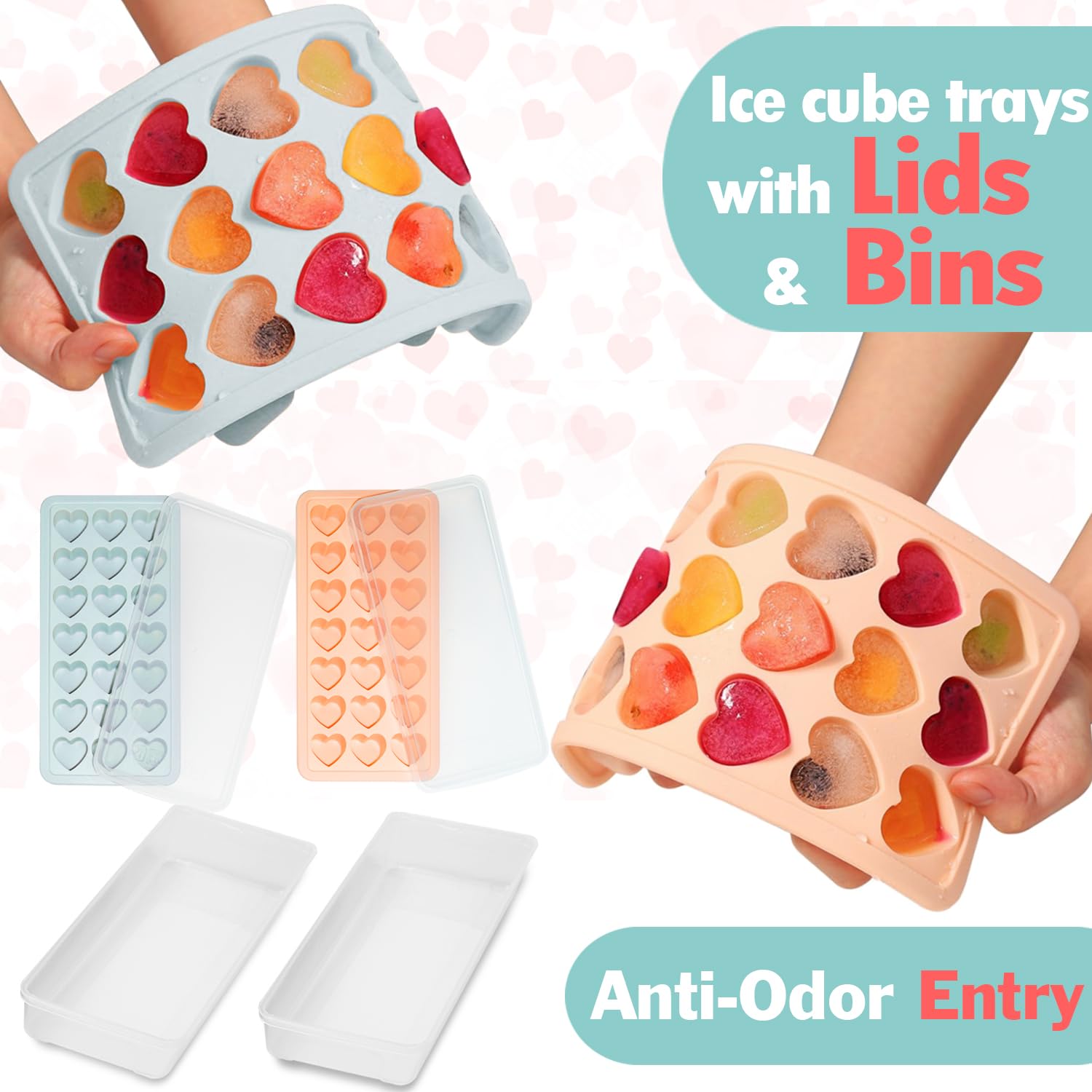 2 Pack Heart Shpaed Ice Cube Trays with Lids, 42 Holes Silicone Heart Ice Cube Molds for Whiskey, Cocktail, Fun Shapes Ice Cubes, Chocolate, Candle, Candy, Jelly, Jello - with Lids Bins