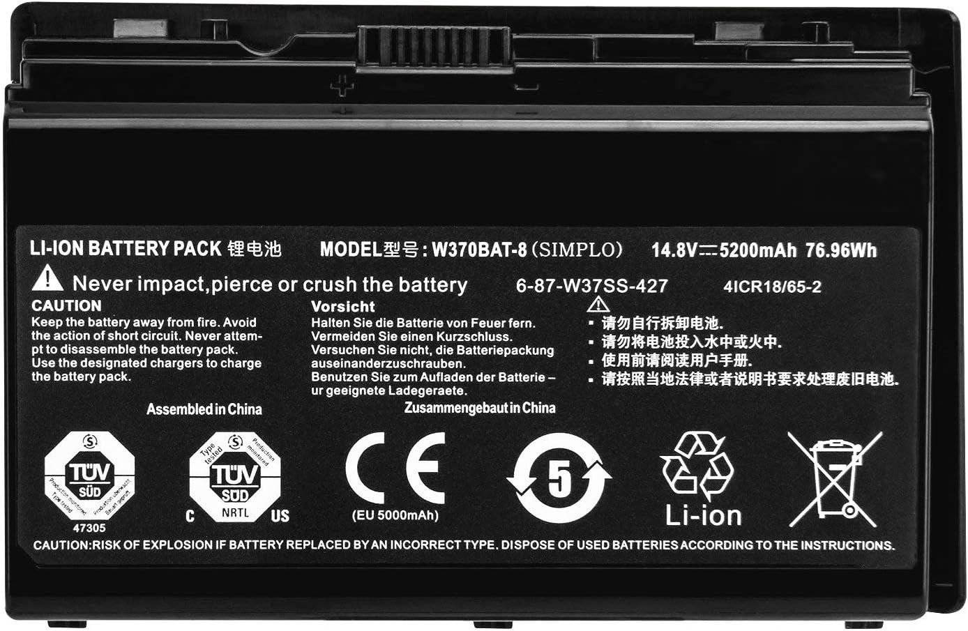 ASKC W370BAT-8 6-87-W37SS-427 41CR18/65-2 Battery for Clevo W350ET W350ETQ W370ET W370SS W355SS W370 Sager Np6350 Np6370 Series Notebook 14.8V 5200mAh