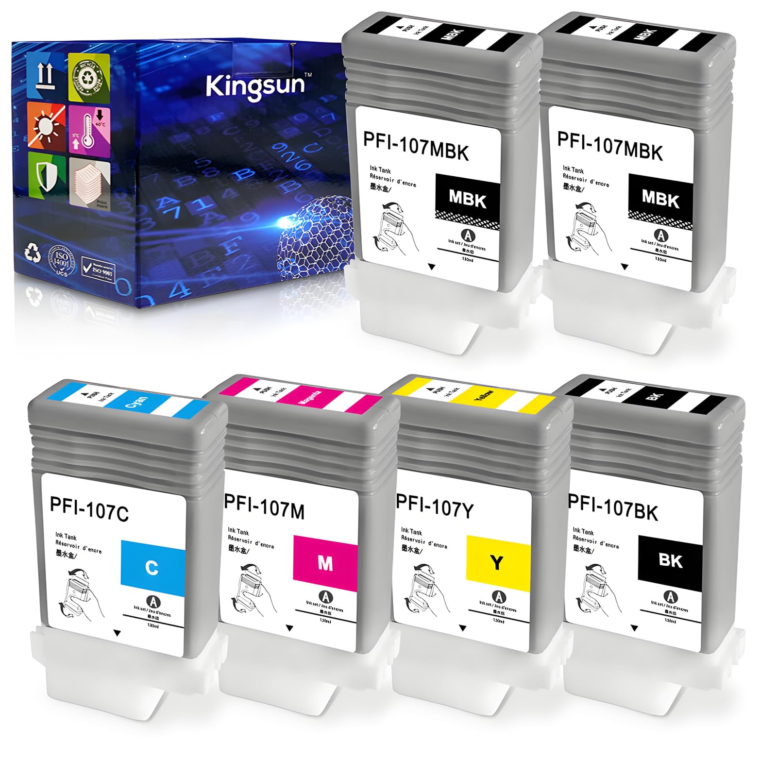 Photo 1 of KSUMEI PFI-107 Ink Cartridge PFI-107MBK PFI-107BK PFI-107C PFI-107M PFI-107Y Inks Tank Compatible for Canon imagePROGRAF IPF670 IPF680 IPF770 IPF780 IPF785 6 Pack, 130ML