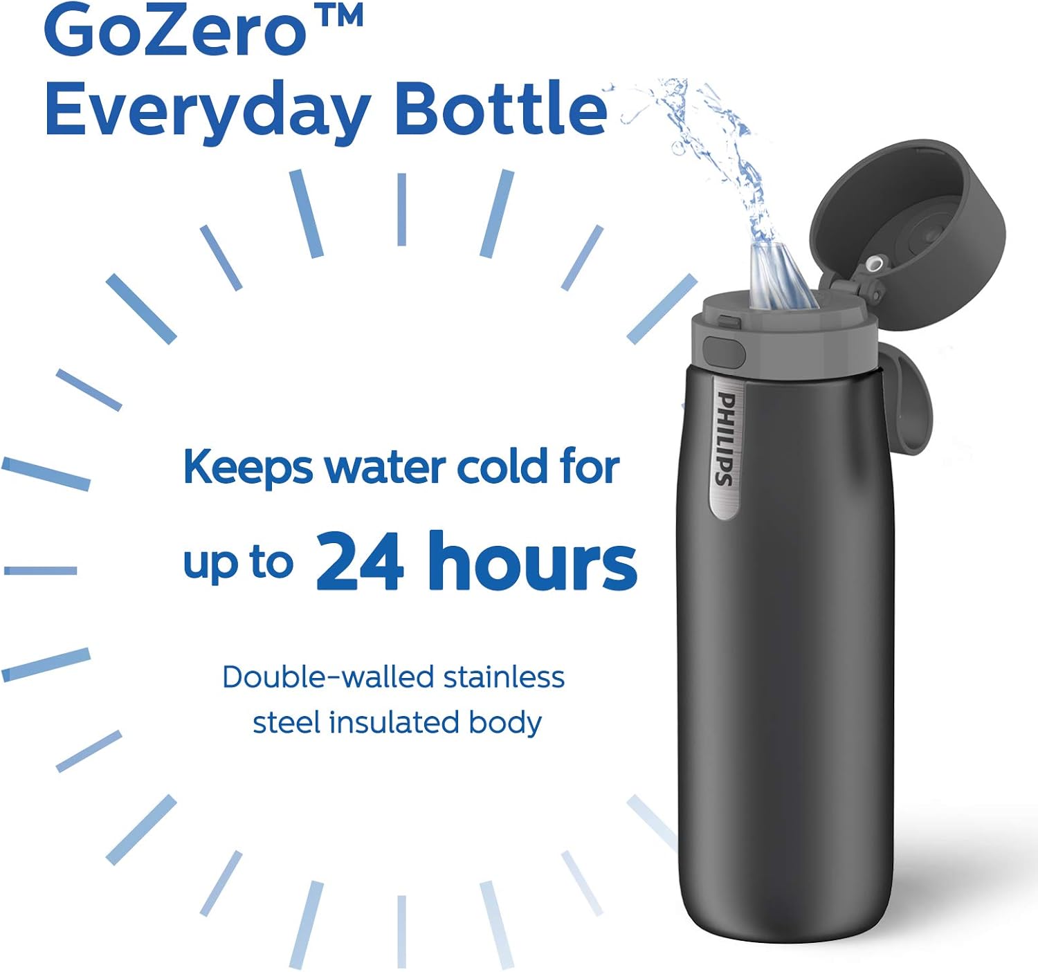 Philips Water GoZero Everyday Insulated Stainless Steel Filter Water Bottle, Designed with Philips Everyday Filter That fits in The Straw to Filter Tap Water into Cleaner-Tasting Water, Grey, 20oz : Sports & Outdoors