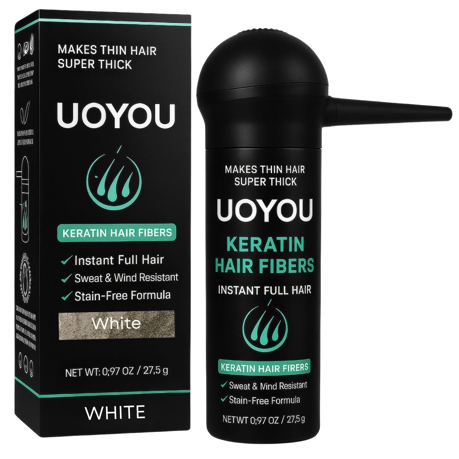 UOYOU Hair Fibres WHITE 27.5g with Pump Applicator – Natural Keratin Hair Building Fibers for Thinning Hair – Undetectable, Sweat- & Wind-Resistant Concealer for Men & Women