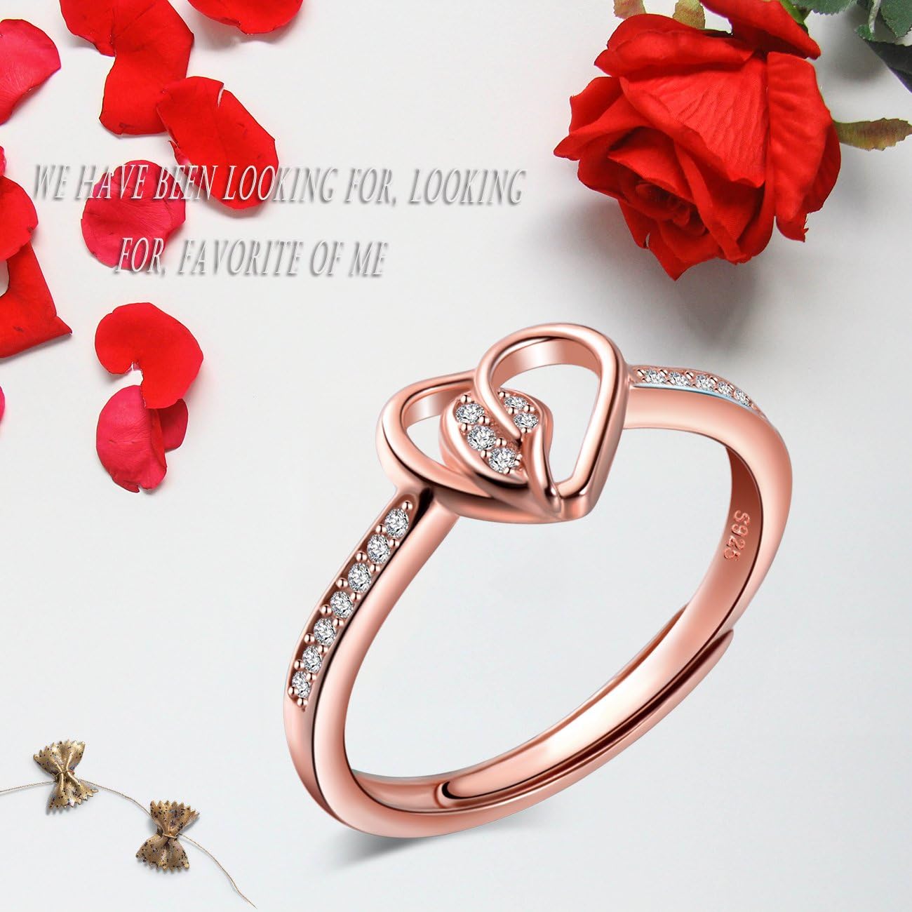 Yumilok Jewelry 925 Sterling Silver Cubic Zirconia Hollow Hearts Polished Adjustable Ring for Women/Girls, Rose Gold Plated - Image 4