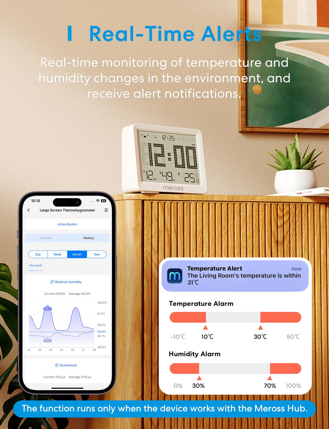 Meross 10-in-1 Matter Hygrometer Thermometer Innen, WLAN Wetterstation Ausgestattet mit Benachrichtigung, Smart LCD Temperatursensor und Matter Hub, Kompatibel mit Apple HomeKit, Alexa, Google Home 6